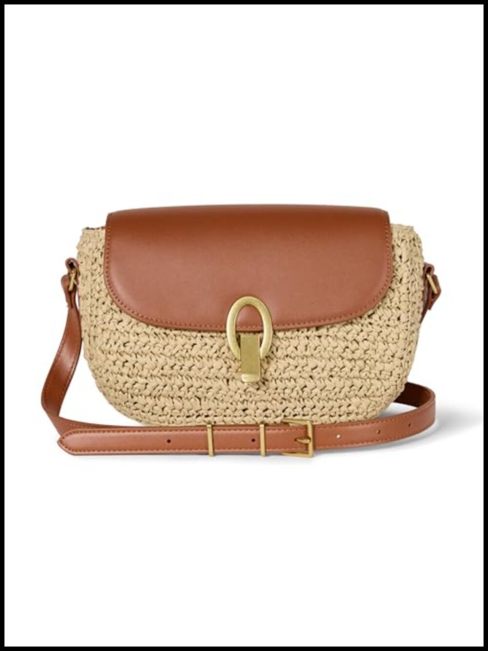 Raffia Crossbody Flap Bag Adjustable Strap Metal Lock Faux Leather
